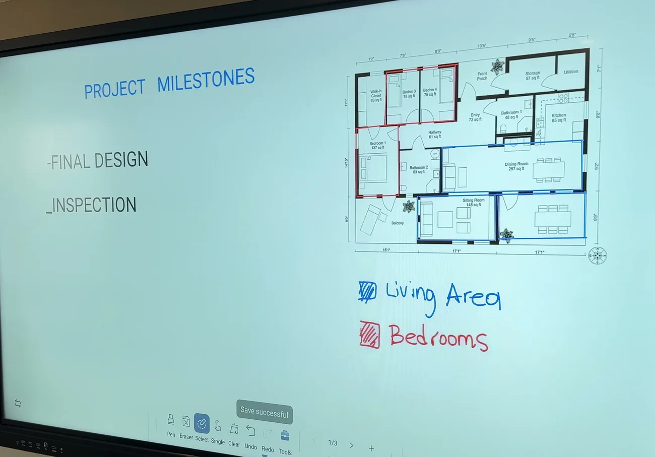 The Project Milestones plan on the Veld whiteboard: floor plan, final design and inspection notes