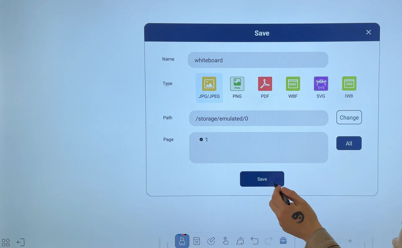The Veld whiteboard save dialog, offering JPG, PNG, PDF and other file types